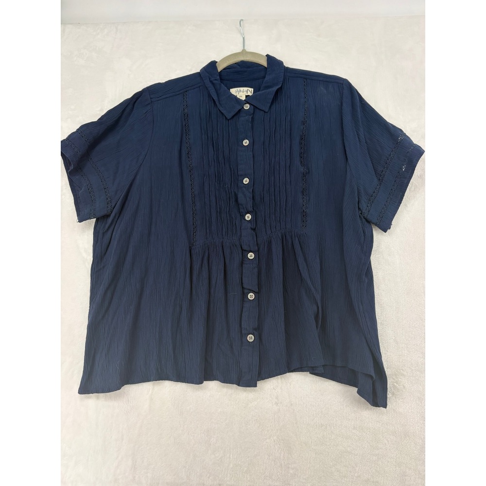 Style & Co Blouse Womens PXL Top Navy Blue Lace Trim Button Front Gauze